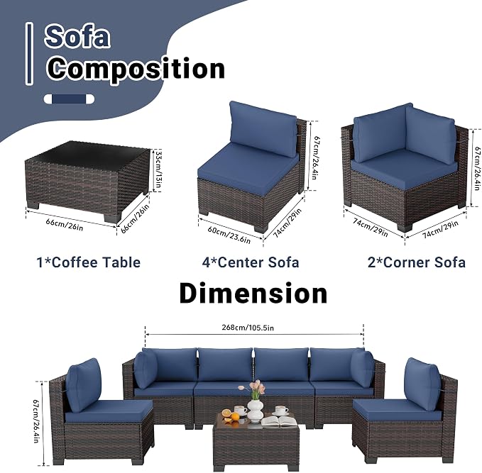 CHABATREE 7-Piece Outdoor Patio Furniture Sets, Manual Weaving Rattan Conversation Sectional Sofa with Tempered Glass Coffee Table, All-Weather PE Wicker & Thick Cushions for Garden, Backyard, Porch
