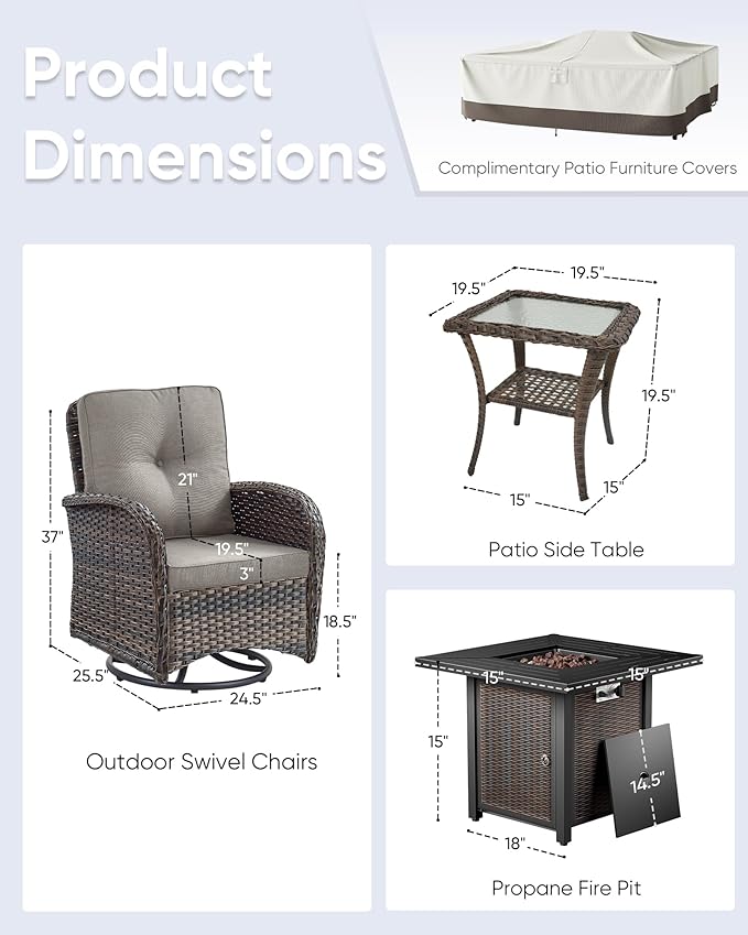 7 Pieces Patio Furniture with Fire Pit-High Back Swivel Patio Chairs Set of 4 with Outdoor Side Table Outdoor Patio Furniture Set for Deck Porch Garden Balcony Poolside-Brown/Grey