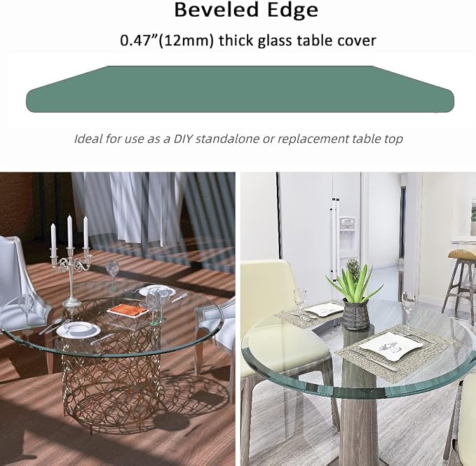 24 Inch Round Transparent Tempered Glass Table Top, Clear Table Surface Protector, Safe 1/2" Thick-Beveled Polished Edge, Replacement Glass Top for Home, Office, Patio, Outdoor/Indoor