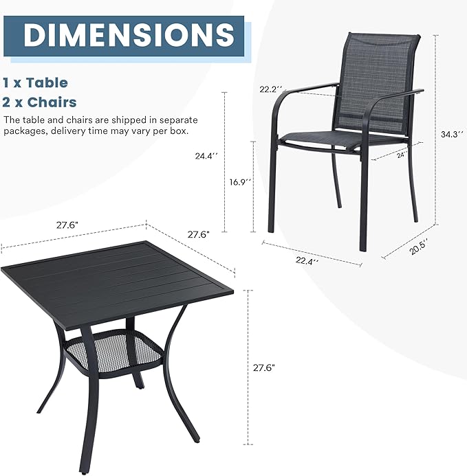 DIFY 3-Piece Outdoor Patio Bistro Dining Set, Black Small Square Dining Table & 2 Grey Stackable Metal Chairs with Breathable Fabric, Outdoor Furniture Set for Balcony, Porch, and Deck