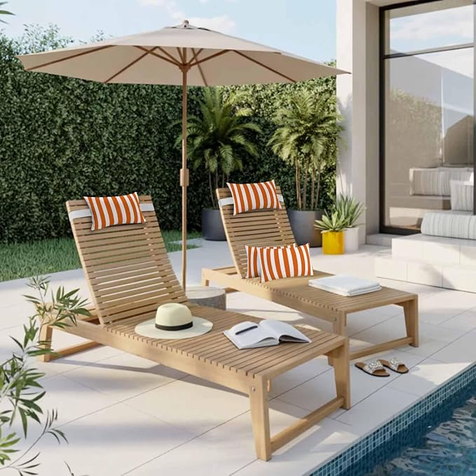 Burnt Orange Striped Outdoor Chaise Lounge Head Pillow with Insert,Thanksgiving Orange White Stripes Waterproof Headrest Lumbar Pillow Cusion Cover with Elastic Strap for Patio Recliner,12"x20"2PCS