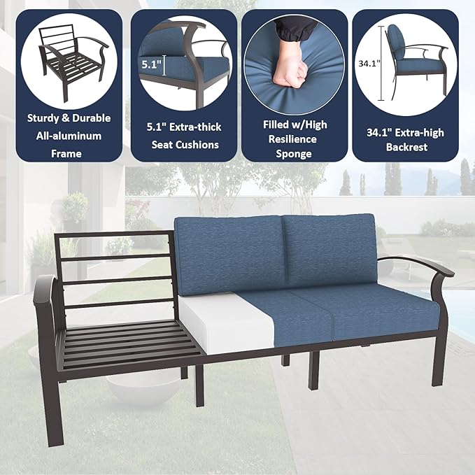 ALAULM Aluminum Patio Furniture Set with Propane Fire Pit Table - 10-seat Metal Outdoor Furniture w/Fire Pit Patio Sectional w/5.1" Cushions for Backyard, Poolside - Dark Blue