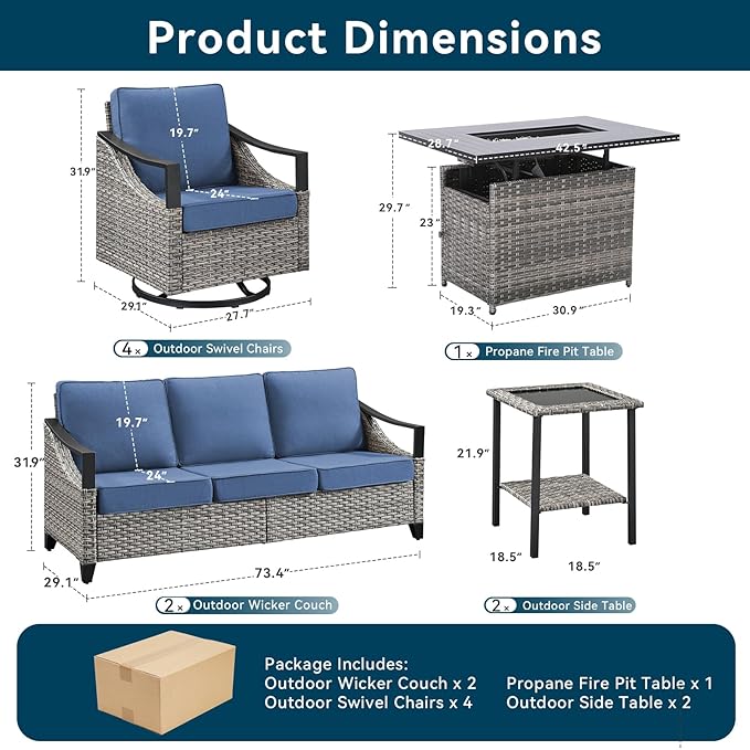Patio Furniture Set with 42.5" Fire Pit Table-9 Pieces All Weather Wicker Outdoor Furniture with High Back Swivel Patio Chairs Set of 4 Outdoor Patio Conversation for Deck Garden Blue/Gray