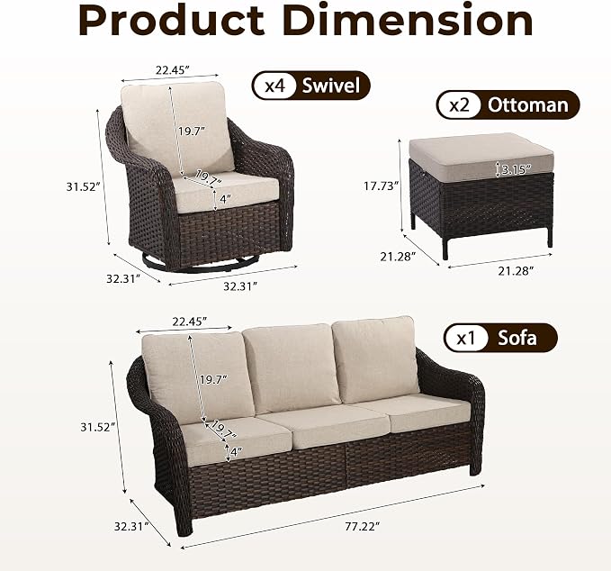 7 Piece Patio Wicker Conversation Set, All-Weather Use Outdoor Wicker Sofa with 4 PE Rattan Ottomans,4 Swivel Chair, Ideal for Porch, Backyard, Balcony, Poolside, Beige