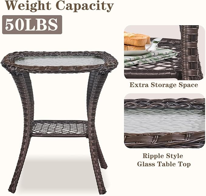 Small Outdoor Side Table - 50 LBS Weight Capacity Wicker Side Table with Storage, Tempered Glass Top Patio Side Table for Porch Balcony Deck Garden - Brown
