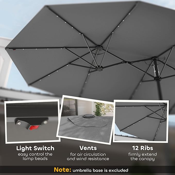 Outsunny 14.8ft Double Umbrella, Large Outdoor Patio Sun Shade with LED Solar Light for Garden