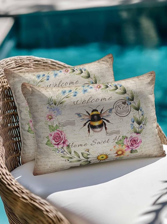 Outdoor Waterproof Throw Pillows Farmhouse Flower Leaf Wreath Patio Pillows Pack of 2,Decorative Pillow Covers with Insert,Pillow Cushion Case for Garden Couch Sofa Rustic Bee Retro Letter