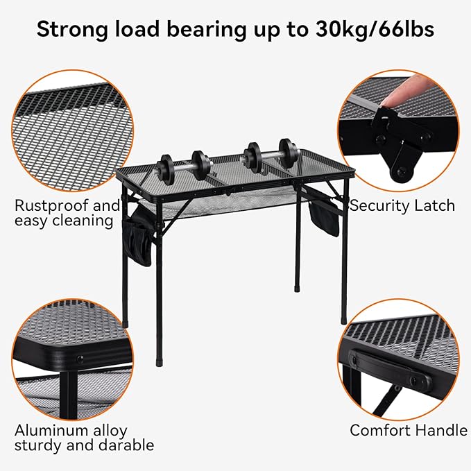3Ft Foldable Grill Table for Camping, Portable Metal Mesh BBQTable with Dual Side Storage Bags, Lightweight Folding Outdoor Cooking Table for Picnic, RV Travel, Beach & Backyard BBQ