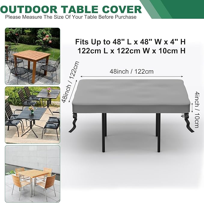 M METERXITY Square Patio Table Cover, 48"L x 48"W x 4"H Rectangular Table Cover for Outdoor Furniture, All-Weather/Waterproof/UV-Resistant, Patio Furniture Protector [Grey]