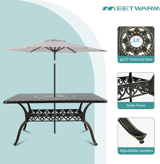 MEETWARM 7-Piece Outdoor Patio Dining Set, All-Weather Cast Aluminum Patio Conversation Set with 4 Stationary, 2 Swivel Rocker Chairs, 1 Rectangular Table, 6 Cushions, 2" Umbrella Hole, Ocean Blue
