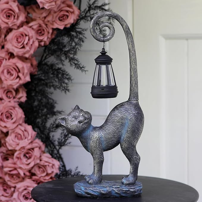 Halloween Decorations Gifts Outdoor Cat Garden Statues with Solar Lights, Home Decor Cat Figurines for Lawn,Patio,Balcony,Porch,Yard Art Ornament- Birthday Gifts for Women Grandma Sister