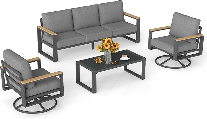 Wisteria Lane 5-Person Aluminum Patio Furniture Set with Swivel Chair, Metal Outdoor Furniture with Glass Coffee Table, Modern Patio Conversation Set for Pool Garden Porch Backyard, Grey