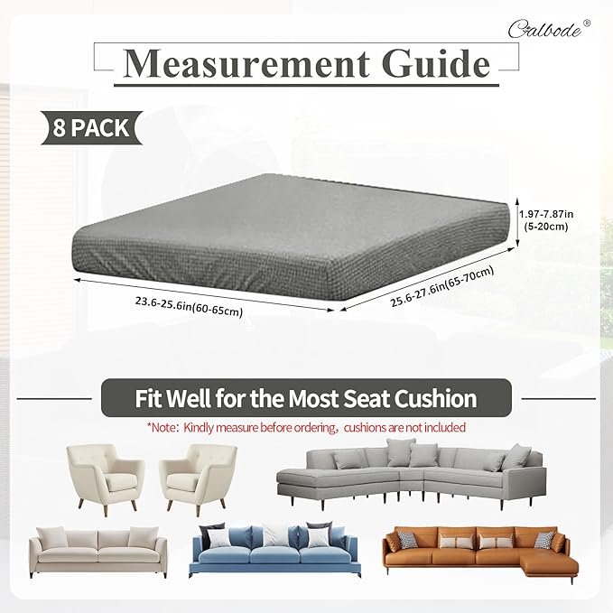 CALBODE 8Pcs Outdoor Stretch Cushion Covers,Waterproof Outdoor Chair Cushion Covers for Patio Furniture, Washable Jacquard Couch Covers Replacement for Patio Furniture(Grey, Cover Only)