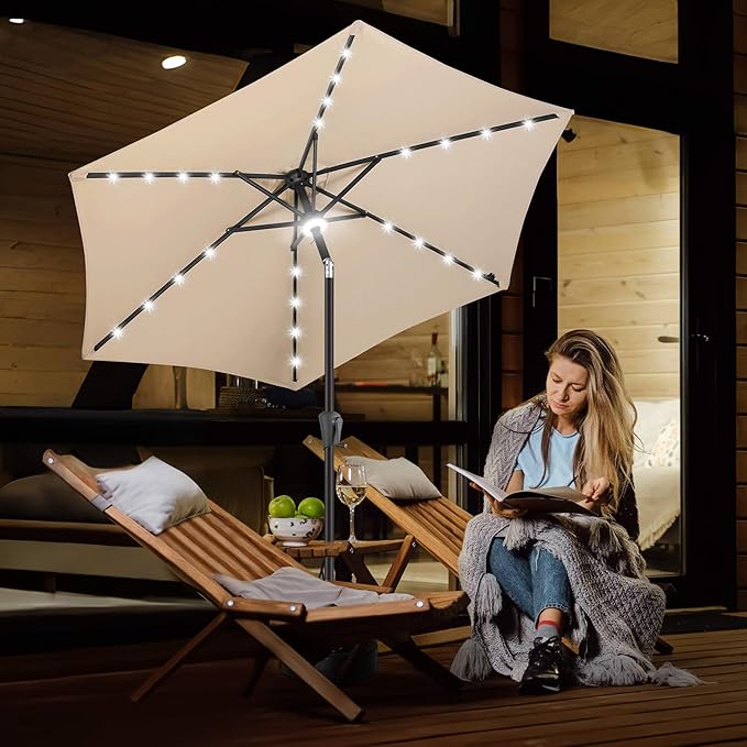 FLAME&SHADE 7.5 FT Solar Light Patio Umbrella, 24 LED Lights Outdoor Umbrella with Centre Surround Light, Table Umbrella Outdoor Patio for Deck, Pool, Backyard, Garden, UV Protection (Beige)