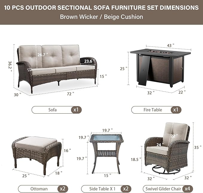 Belord Expansive 10 Pieces Outdoor Patio Furniture Set with 43” Propane Fire Pit Table, Patio Conversation Set with Swivel Rocker Outdoor Chairs Set of 4 and Sofa, Ottoman and Wicker Side Table Brown