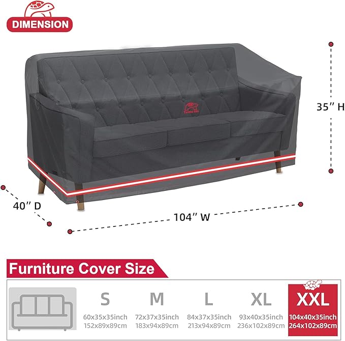 Turtle Life Patio Sofa Cover, Outdoor Heavy Duty Durable UV Water Resistant Anti-Fading Multi-Person Sofa Cover with 2 Upgrade Air Vents and 2 Buckles, Black, 104" W x 40" D x 35" H