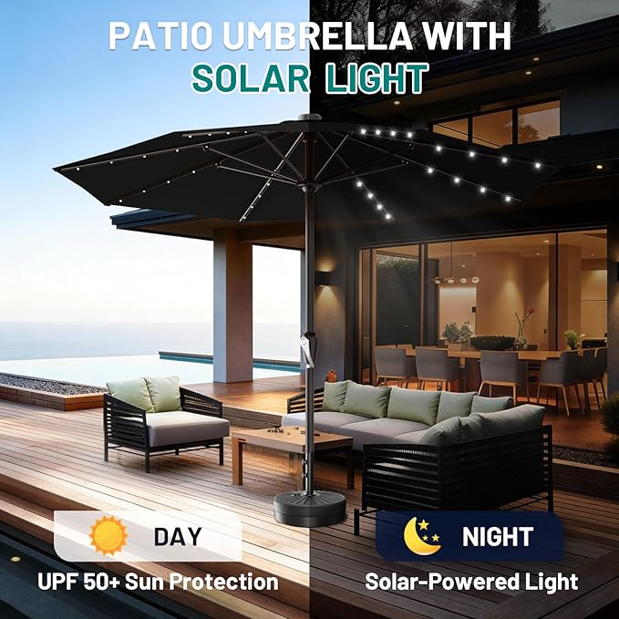 AreShark 12FT Large Patio Umbrella with Solar Lights, Solar Powered Outdoor Umbrella with Crank, Patio Table Market Umbrellas for Garden, Deck, Backyard, Pool and Beach, Black