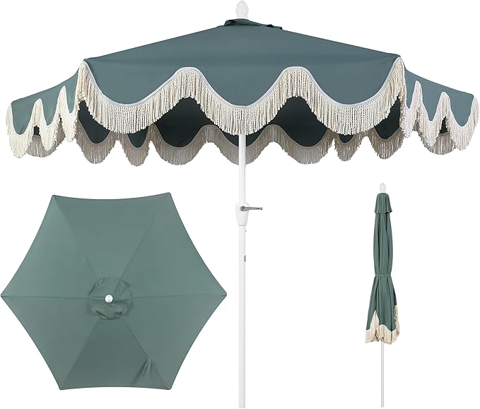 JONATHAN Y UMB1001 Collins 9 ft. Classic Cottage Tassel Market Patio Umbrella with Auto-Tilt, Crank, Wind Vent and UV Protection