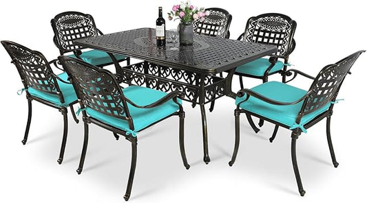 VIVIJASON 7-Piece Patio Furniture Dining Set, All-Weather Cast Aluminum Outdoor Conversation Set, Include 6 Cushioned Chairs and a Rectangle Table with Umbrella Hole, Ocean Blue Cushion