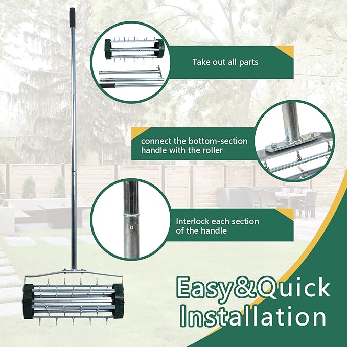 Heavy Duty Rolling Lawn Aerator,Rolling Lawn Aerator, Rotary Push Tine Spike Soil Lawn Aerator Gardening Tool with 3-Piece Long Steel Handle for Garden Yard Grass Maintenance,Garden Yard Rotary Push