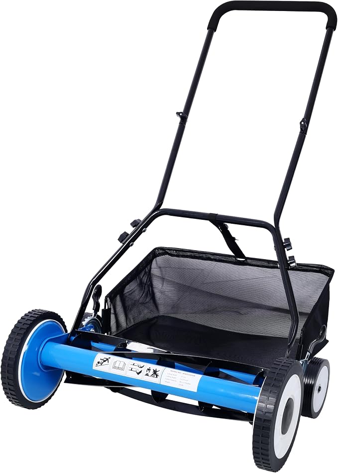 KEIKI 20-Inch Manual Lawn Mower, Push Reel Mowers w/Grass Catcher & Adjustable Cutting Height, 4-Wheels Small Lawnmower with 5 Steel Blades for Graden, Spaces Saving & Easy Assembly, Green