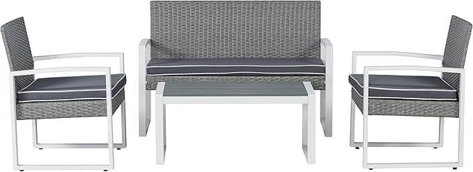 JONATHAN Y LVG1102A-4SET Elina 4-Piece Modern Coastal Faux Wicker Conversation Outdoor Patio Set Mid-Century, Classic, Contemporary, Traditional, Minimalist, White/Gray