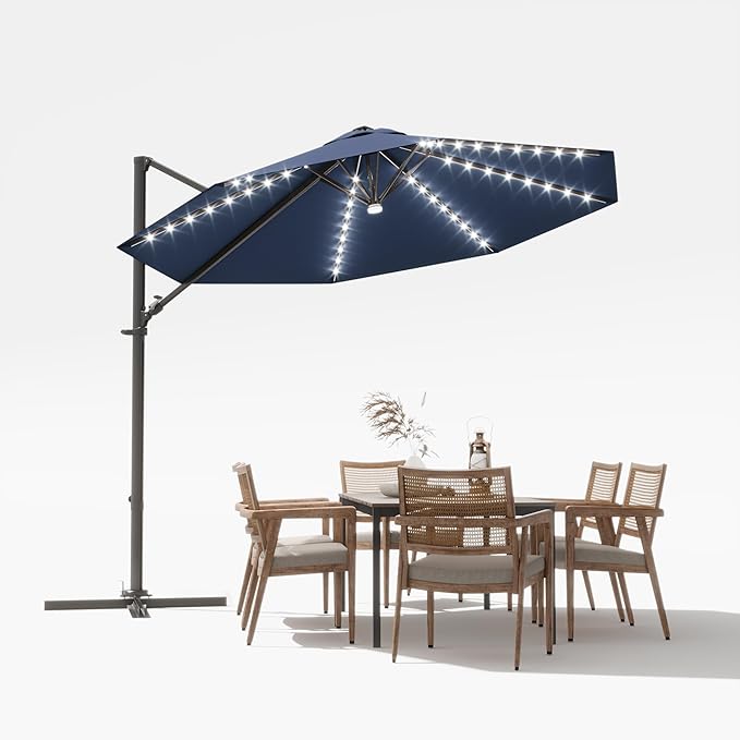 Devoko 10ft Solar LED Patio Umbrella, Round Cantilever Outdoor Umbrella with Solar Lights and 360-Degree Rotation, Large Hanging Offset Market Umbrella with Easy Tilt for Patio Deck Garden, Navy Blue
