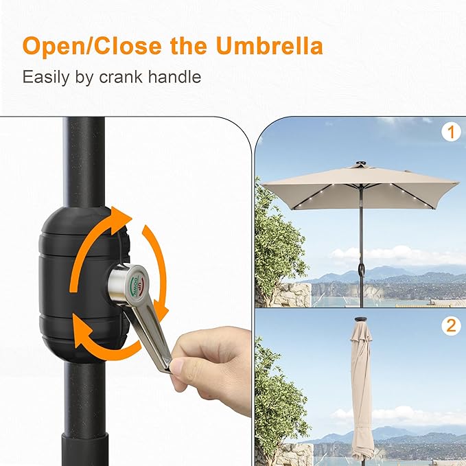 Square Patio Umbrella With Solar Lights, 6.5x6.5ft Square Umbrella Outdoor Patio with Tilt and Crank for Pool, Deck, Garden,Backyard