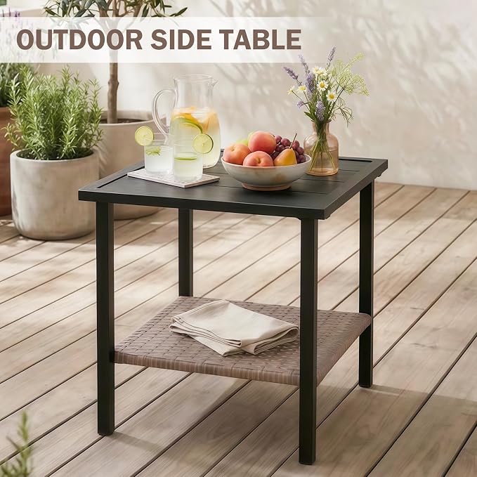 EAGLE PEAK Mojave Dusk Patio Side Table with Wood Grain Top and Wicker Shelf, Durable Weather-Resistant Outdoor Table for Balcony, Porch, Deck, or Garden, Small