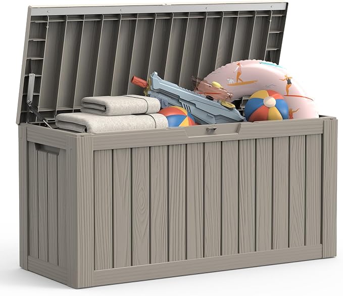 Outdoor Deck Storage Box, 90 Gallon Waterproof Deck Box, Resin, Lockable Patio Storage Box for Pool Accessories, Garden Tools, Cushion, Large Package Delivery，Weatherproof & UV-Resistant Storage Bench