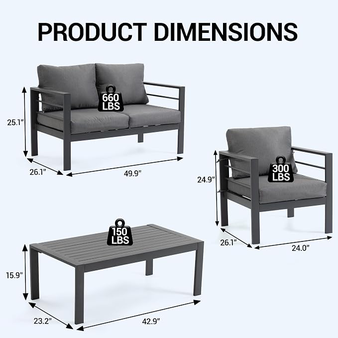 4-Piece All-Weather Metal Patio Furniture Set, Sectional Conversation Sofa w/Coffee Table, Heavy Duty Steel Frame & Washable Cushions for Backyard Garden (Grey, Furniture Set（Straight）)