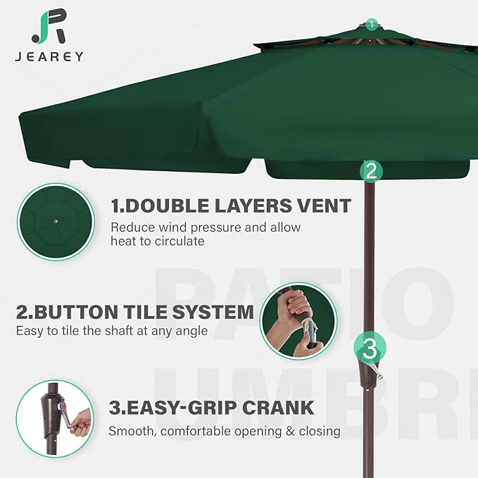 JEAREY 9' 2-Tiers Patio Umbrellas Outdoor Market Table Umbrella w/Push Button Tilt/Crank, 8 Sturdy Ribs, UV Protection Waterproof Sunproof(Dark Green)