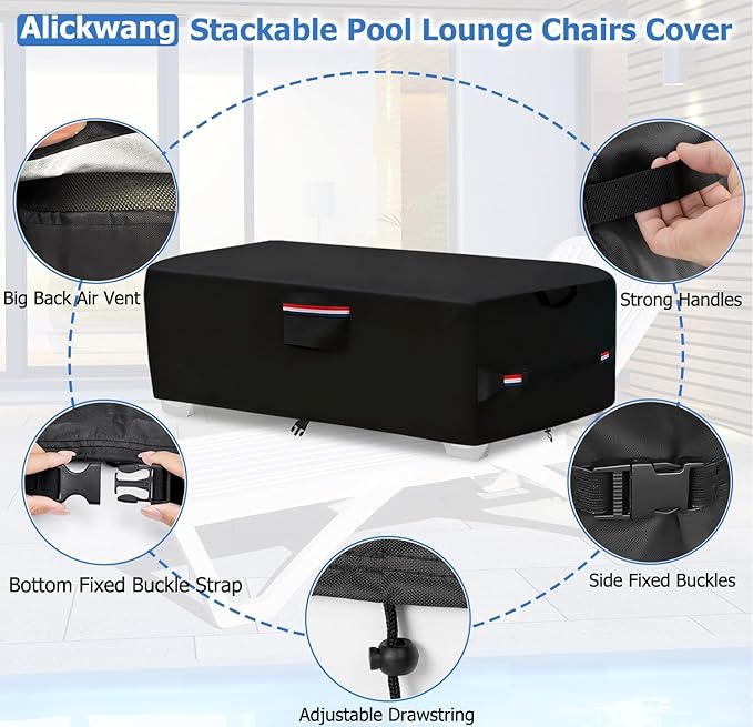 Outdoor Waterproof Lounge Chair Covers for 4-6 Stackable Patio Chaise Lounge Chairs,Heavy Duty Durable Chaise Loungers Cover for Stacked Pool Lounge Chairs,80'' L x 32" W x 40" H,Black