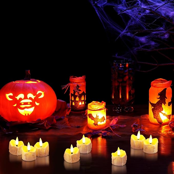24 Pack LED Timer Tea Lights Battery Operated, Flameless Flickering Electric Timer Votive Candles, Small LED Flicker Fake Tealight Candle Bulk for Christmas Party Halloween Pumpkin Decorations