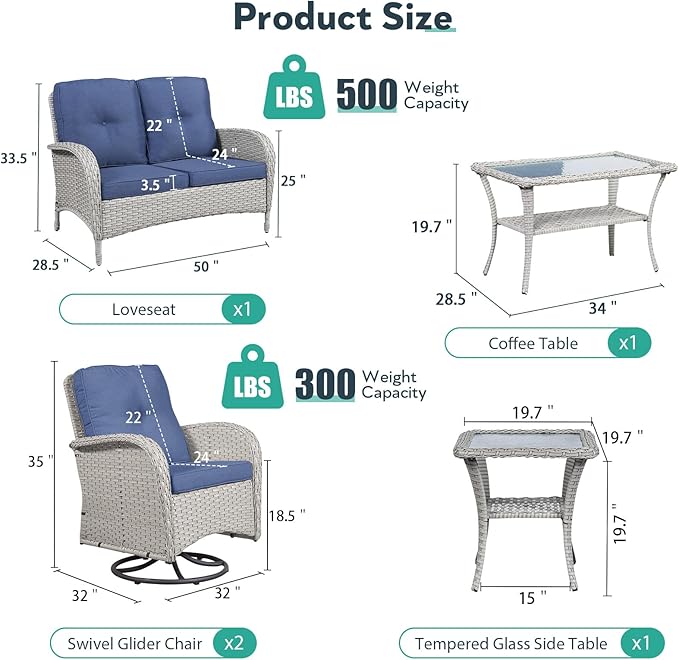 5 Piece Patio Furniture Set - Wicker Patio Conversation Set with Swivel Glider, Loveseat Bench, Tempered Glass Side Table and Coffee Table for Deck Backyard - Light Beige Wicker Blue Cushion