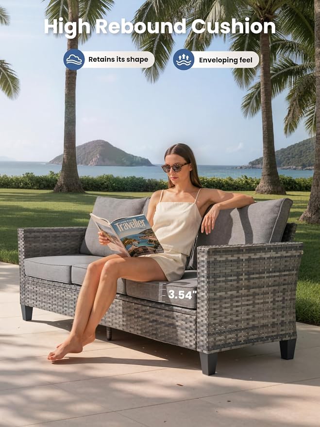 5-Piece Outdoor Patio Furniture Set with Swivel Chairs, Outdoor Conversation Wicker Sofa with Coffee Table, Rattan Couch for Deck, Backyard, Poolside (Dark Grey)