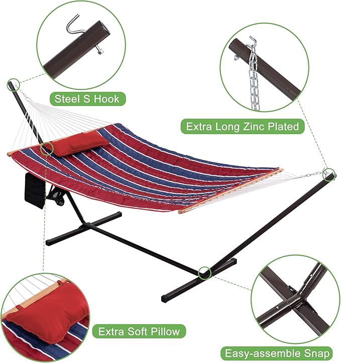 Lazy Daze Hammocks Double Hammock with 12 ft Steel Stand, 2 Person Cotton Rope Hammock with Quilted Pad, Spreader Bars, Detachable Pillow, Mag Bag & Cup Holder, Red&Navy Stripe