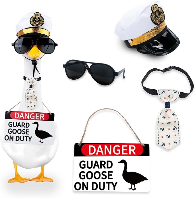 CAMDUCK 4 Pcs Porch Goose Accessories Porch Geese Sign Goose Navy Hat Eyeglasses Necktie Wooden Danger Guard Goose on Duty Warning Sign Geese Outfits Decor for Yard Porch Lawn