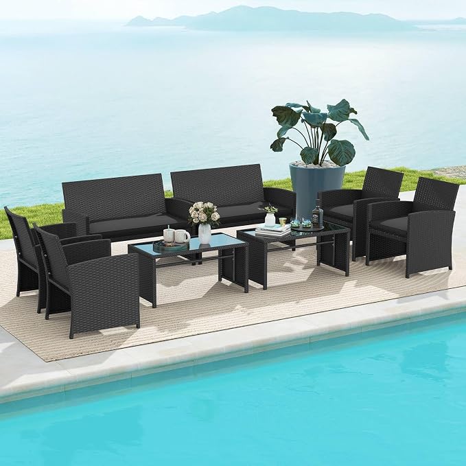 RELAX4LIFE 8-Piece Patio Furniture Set - Wicker Rattan Outdoor Sectional Sofa Set w/Glass Coffee Table, Loveseat, Chairs & Soft Cushions, Bistro Conversation for Garden Porch (2, Black-Black)
