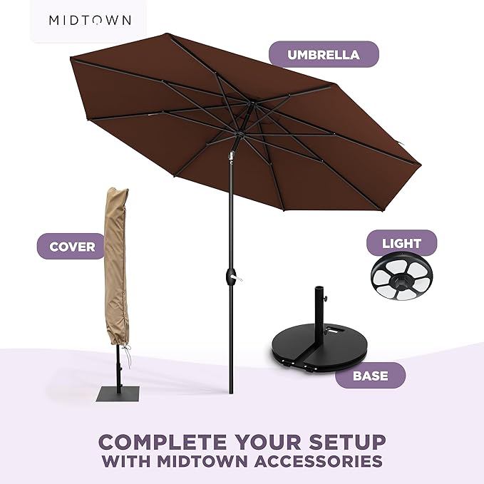Midtown Umbrellas – The Lean 8 Ft Patio Umbrella with 10-Year-No-Fade Acrylast Acrylic Fabric, Auto-Tilt and 8 Reinforced Ribs for Deck, Pool, Garden, Hotel & Cafes – Cedar Wood Canopy, Black Pole