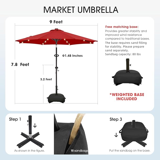 wikiwiki 9FT Solar Led Patio Umbrella with Base Included, 32 LED Lights, 8 Sturdy Ribs, Fade Resistant Waterproof POLYESTER DTY Canopy for Garden, Lawn, Deck, Backyard & Pool, Red