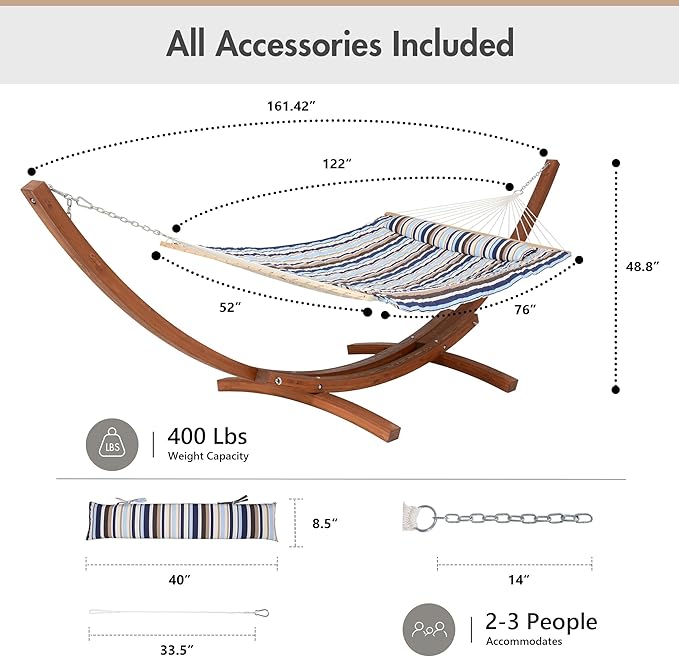 ANOW 13.5FT Curved Wood Stand with Double Hammock, Heavy Duty Larch Wood Arc Stand with 2 Chains, 4 Balance Ropes and 4 Carabiners, Includes Blue Seaside Rope Hammock with Spreader Bars