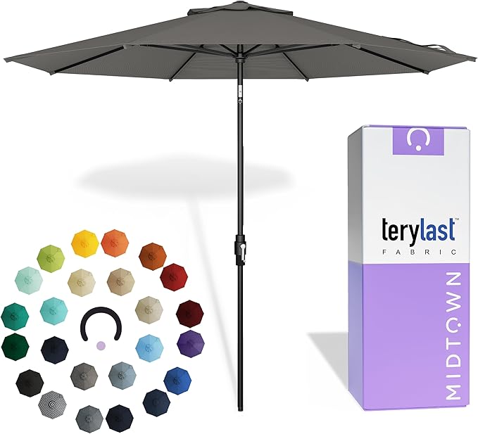 Midtown Umbrellas – The Swilt 10 Ft Patio Umbrellas with 360° Swivel & Tilt Mechanism, 8 Fiberglass Ribs & Terylast Polyester Fabric for Backyard, Deck, Pool & Cafes - Charcoal Canopy, Black Pole