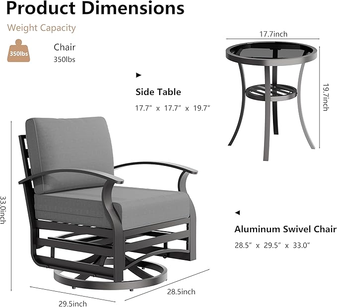 3 Piece Aluminum Swivel Rocking Chair Set, Outdoor Patio Swivel Gliders Chair with Glass Top Coffee Table, Conversation Furniture Set Suitable for Patio, Lawn, Outdoor, Back Garden(Gray)