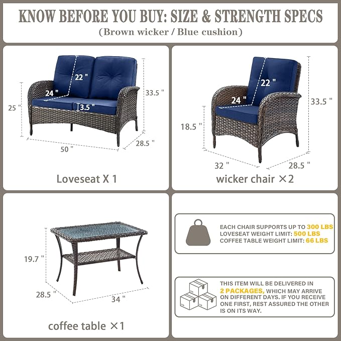 Belord Outdoor Wicker Loveseat Furniture Set of 4 with Coffee Table for Porch Deck Balcony, 4 Pieces Rattan Outdoor Conversation Sets Include 2 Club Chairs 1 Loveseat Couch 1 Coffee Table Brown/Blue