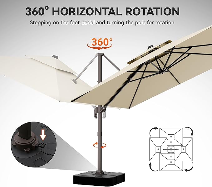 GENTEACO 10X10 FT Cantilever Umbrella, Large Offset Patio Umbrella with Double Top, 6 Angle Tilts & 360° Rotation, Large Square Sun Umbrellas for Outdoor Patio Pool Deck Market, Beige