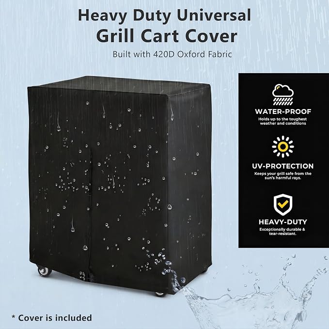 Outdoor Deck Box Storage Cabinet with Stainless Steel Top, 39.5 Inch Patio Prep Station and Grill Cart with 4 Locking Wheels, Propane Tank Storage and Waterproof Cover, Black Finish