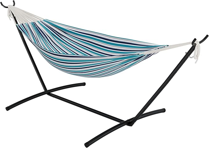 GAOMON Double Hammock with Steel Stand for Outside, Portable Space Saving, for Indoor Outdoor Patio w/Carrying Bag, 450 lbs Capacity - Ocean Stripes