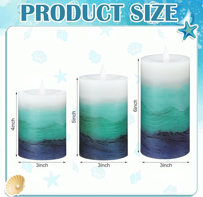 Baquler 3 Pcs Blue Teal Coastal Beach Pillar Candles Flameless LED Ocean Gradient Candles Battery Operated Decorative Flickering Candlestick for Wedding Home Seaside Nautical Party Decor