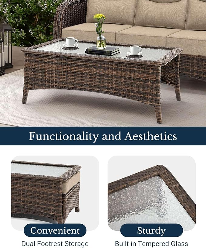 HILLGA Luxury Patio Furniture Set with 6-Inch Thick Cushions, High Back Outdoor Swivel Rocker Chairs and Patio Couch, 6-Piece All Weather Conversation Set for Porch Deck Pool Yard, Beige (V3)